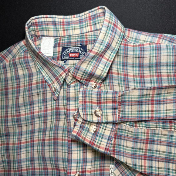 Levi's Other - Vtg Levi Strauss‎ & Co Button Shirt Mens L Regular Tan Blue Red Plaid Cotton USA